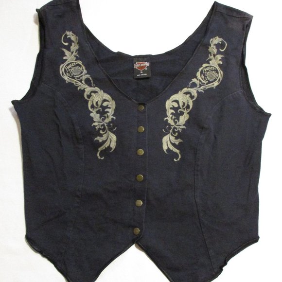Harley Davidson Vintage 1995 Woman X Large Black White Snap Button Vest - Picture 1 of 8
